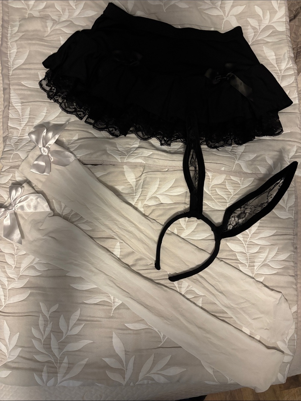 Black Lace Ruffle Mini Skirt with Bunny Ear Headband and White Thigh-Highs